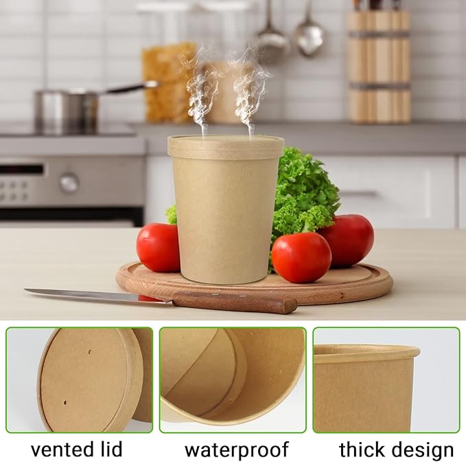 Belinlen 30 Sets 32 oz Paper Ice Cream Cups with Lids, Paper Food Containers With Vented Lids, To Go Hot Soup Bowls For Restaurants, Take Outs, or To-Go Lunch, Kraft