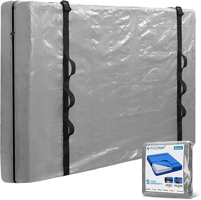 TICONN Mattress Bags for Moving, Heavy Duty Queen Mattress Cover Storage Bag with Full-Around Handle and Adjustable Buckles (Gray, Queen)