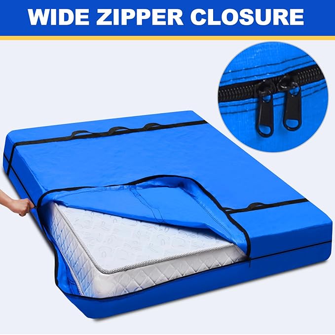 TICONN Mattress Bags for Moving, Heavy Duty King Mattress Cover Storage Bag with Full-Around Handle and Adjustable Buckles (Blue, King)