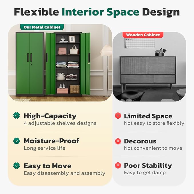 Greenvelly Metal Cabinet, 63”Tall Kitchen Pantry Storage Cabinets with 2 Lock Doors and 4 Adjustable Shelves,Black Green Kitchen Cabinet Storage for Dinning Room,Garage,Office