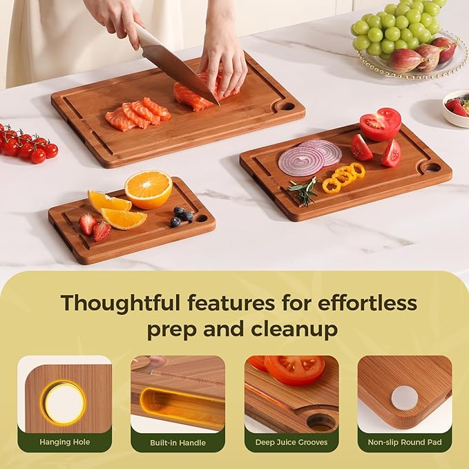 Bamboo Cutting Board for Kitchen Meal Prep & Serving, 3-Piece Wooden Set with Juice Grooves, Side Handles, Non-Slip Mats – Ideal for Meat, Veggies, Fruit – Ideal Gift for the Home