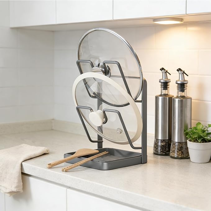90S Multifunctional Pot Lid Organizer for Countertop -RustProof Metal Pot Cover Rack with Removable Drip Tray, Vertical Drying Stand for Cutting Boards, Spoons, and Lids, Heat Resistant, Gray