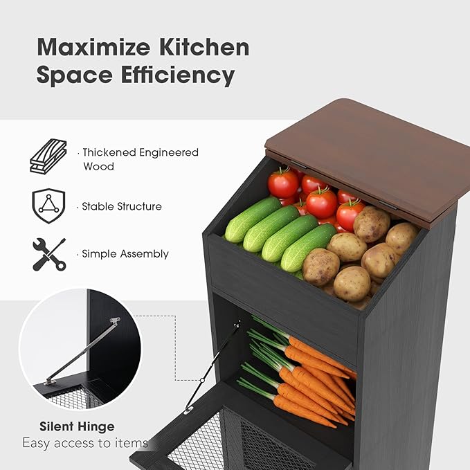 Patiorama Wood Potato and Onion Storage Bin Box with Lid, 4-Tier Farmhouse Wooden Bread Box Cabinet with 2 Mesh Doors & Rolling Drawer, Large Vegetable Storage Bin Organizer for Kitchen Pantry Black