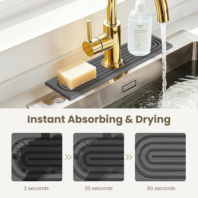 Premium Diatomite Stone Drying Mat for Kitchen Counter - Faucet Mat, Sink Protector & Splash Guard, Quick-Dry Kitchen Sink Mat (Gray, 15.8" x 4")