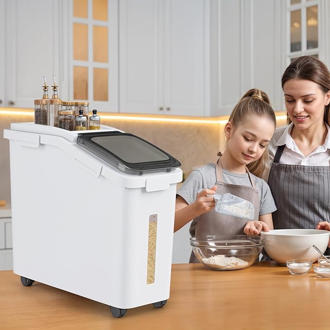 YITAHOME Large Flour Storage Container Ingredient Bins, 11.4-Gallon Rice Food storage Containers Bins with Wheels, Scoop and Airtight Lid for Bulk Rice, Cereal Grain, Sugar, White