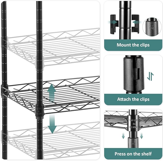 Homdox 6-Tier Storage Shelf Wire Shelving Unit Free Standing Rack Organization with Caster Wheels, Stainless Side Hooks, Black