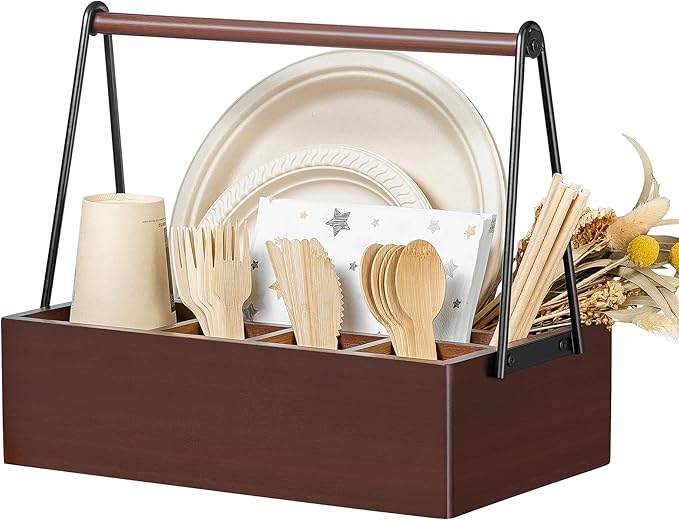 PTSTING Silverware Caddy with Handle Acacia Wood Utensil Holder Paper Plate Dispenser for Countertop Flatware Organizer Box for Spoons Forks Plates Cups Napkins
