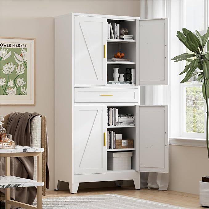 LCAOPC 71" Tall Pantry Storage Cabinet with Drawer and Adjustable Shelves, Freestanding Tall Kitchen Cupboard Storage Cabinet for Kitchen,Dining Room, Living Room, White