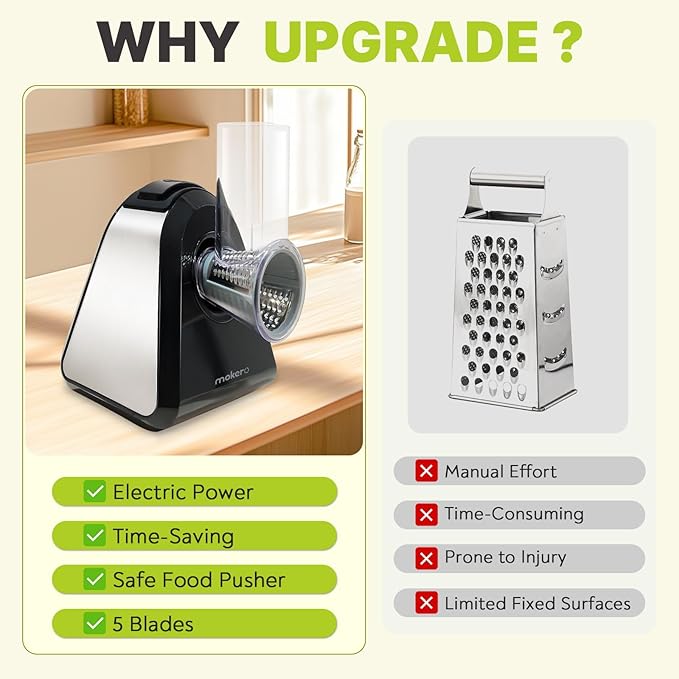 Mokero 5 in 1 Electric Cheese Grater for Block Cheese, Kitchen Automatic Cheese Shredder & Salad Shooter, Easy to Clean Vegetable Chopper for Cheese,Cucumber, Potato, Carrots, Nut