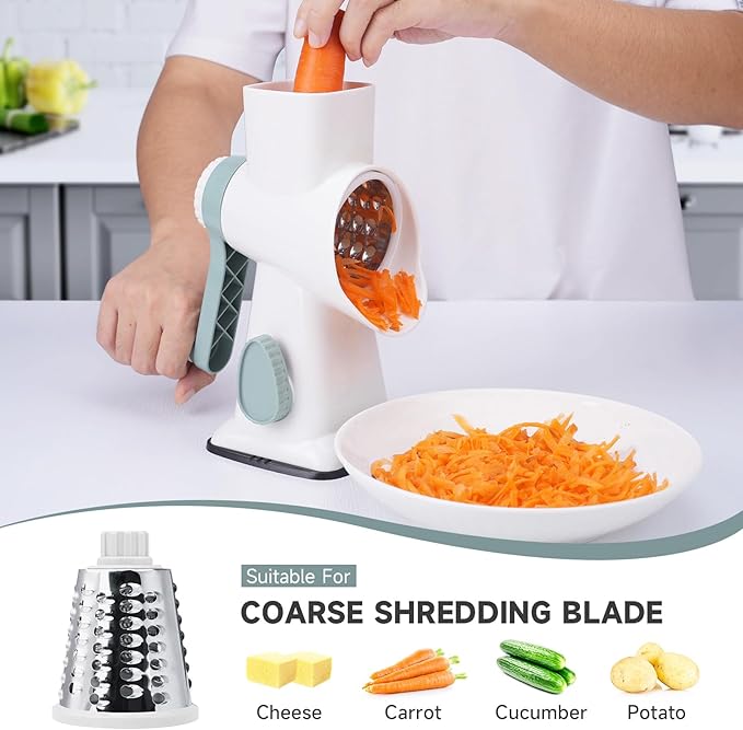 REDPANT Cheese Grater with Handle, Rotary Cheese Grater with 3 Interchangeable Blades, Manual Cheese Shredder with Strong Suction Base, Easy to Use and Clean, White