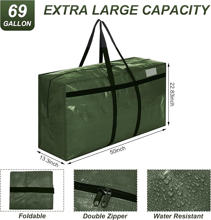 Windyun 4 Pack 69 Gallon Extra Large Moving Bags XXL Heavy Duty Storage Bag with Strong Zipper Handle Jumbo Big Tote Box Foldable for College Dorm Travel Clothes Duffle Blanket Pillow(Army Green)