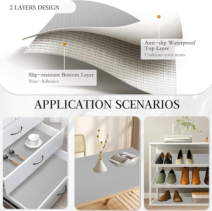 Beautysaid Shelf and Drawer Liner for Kitchen Cabinet, Non Adhesive Non Slip Shelf Paper Waterproof Washable Thickened for Dresser Pantry Shelve Bathroom Protector Liner(Light Grey,12 in x 10 FT)
