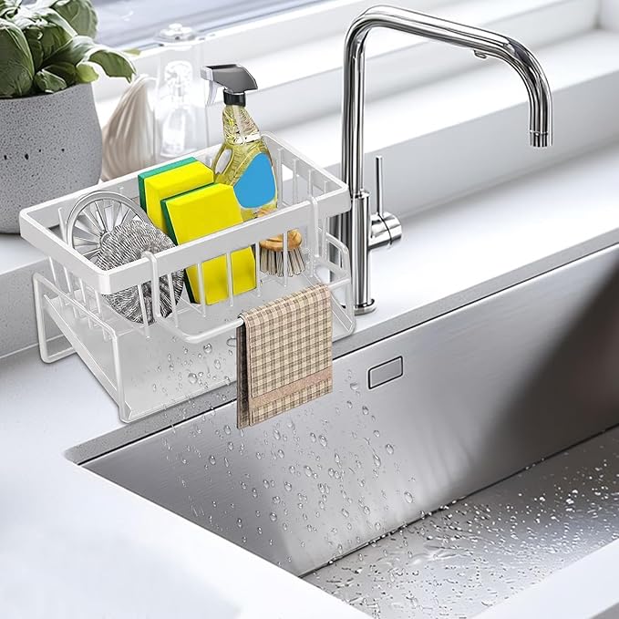 kitchen sink caddy, dish sink sponge holder (With rod-white)