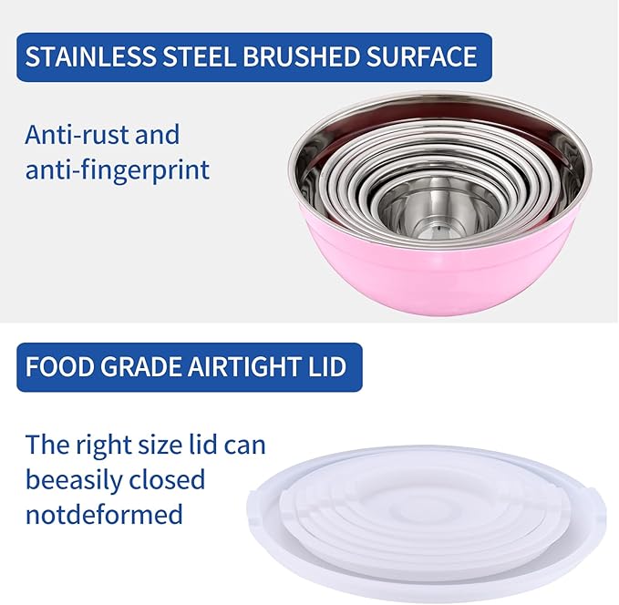 Moxinox Pink Mixing Bowls with Airtight Lids, Stainless Steel Nesting Mixing Bowls Set of 7, Ideal for Baking, Prepping and Serving Food, Size 7, 3.6, 2.7, 2.1, 1.5, 1.1,0.8 QT, Stackable Design