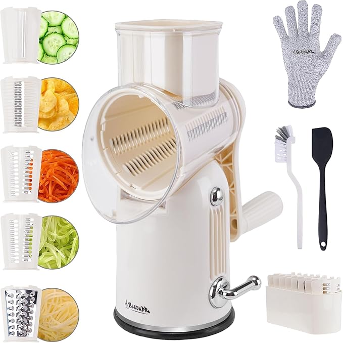SLEEKDR 5 in 1 Rotary Cheese Grater Vegetable Slicer with Handle - Upgraded Hand Crank Cheese Grater with Handle and Strong Suction Base, Multi-Purpose Vegetable Slicer with 5 Well-Designed Blades