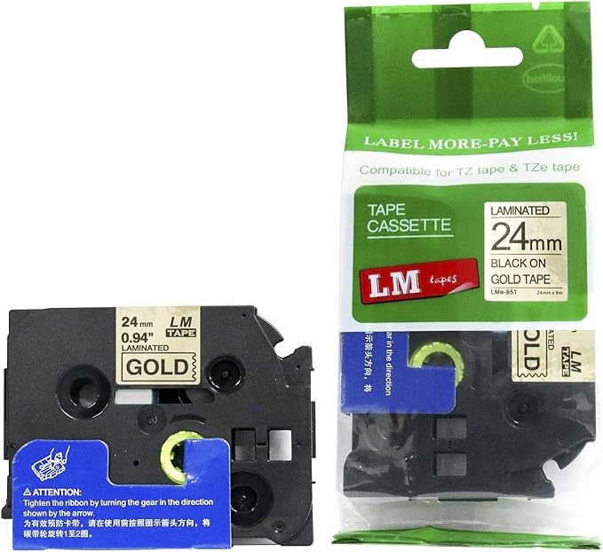 1/Pack LM Tapes - LMe851 Premium 1" Black Print on Gold Label Compatible with Brother TZe-851 P-Touch and Includes Tape Color/Size Guide. Replaces TZ-851 24mm 0.94 Laminated Ptouch.
