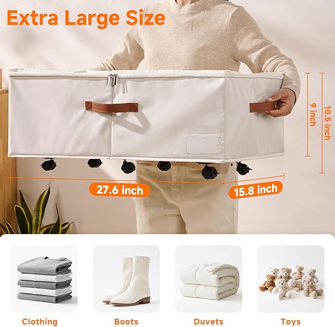 60L Large Under Bed Storage with Wheels Pack of 2, Underbed Shoe Container Bin with Clear Lid Cover, 10.5 Inches Rolling Under Bed Drawer Storage Bag Basket for Boots Quilt Sweater - White