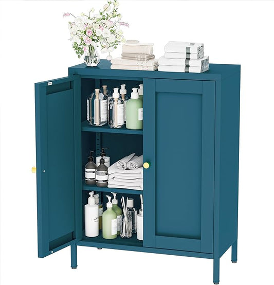 YAUWOH Metal Bathroom Storage Cabinet,Bathroom Floor Storage Cabinet with 2 Adjustable Shelves and 2 Doors,Freestanding Sideboard for Small Spaces, Living Room, Home Office, Dining Room