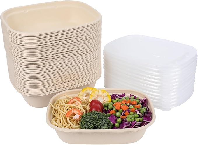 JAYEEY 35oz Disposable salad bowls with lids, Sugarcane Fiber Paper Bowls take away food containers meal prep deli container 50 Pack
