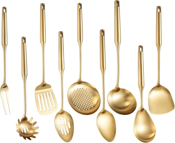 NIITAWH Gold Kitchen Utensils Set 18/10 Stainless Steel, 9 PCS All Metal Cooking Utensils Set 15" with Solid and Slotted Spoon, Fork, Spatula, Ladle, Skimmer, Slotted Tunner, Spaghetti and Large Spoon