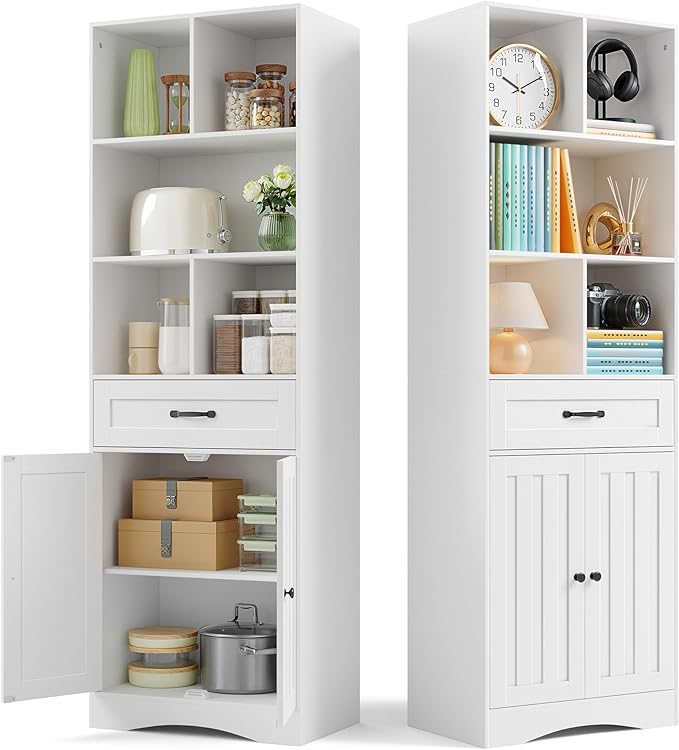 Gizoon Storage Cabinet, 71'' H Bathroom Storage Cabinet with Doors & Drawers, Kitchen Pantry with Adjustable Shelves, Anti-tip, Metal Handle, for Living Room, Office, Bathroom, White