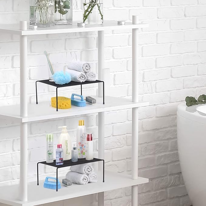 Set of 2 Mesh Kitchen Shelves Cabinet Storage Shelf Rack (13.1 x 10.2 Inch) ，Kitchen Bathroom Pantry Cupboard Desk Home Office, Fridge, Cabinet, Bathroom Cupboard, Non-slip Plastic Feet (2, Black)