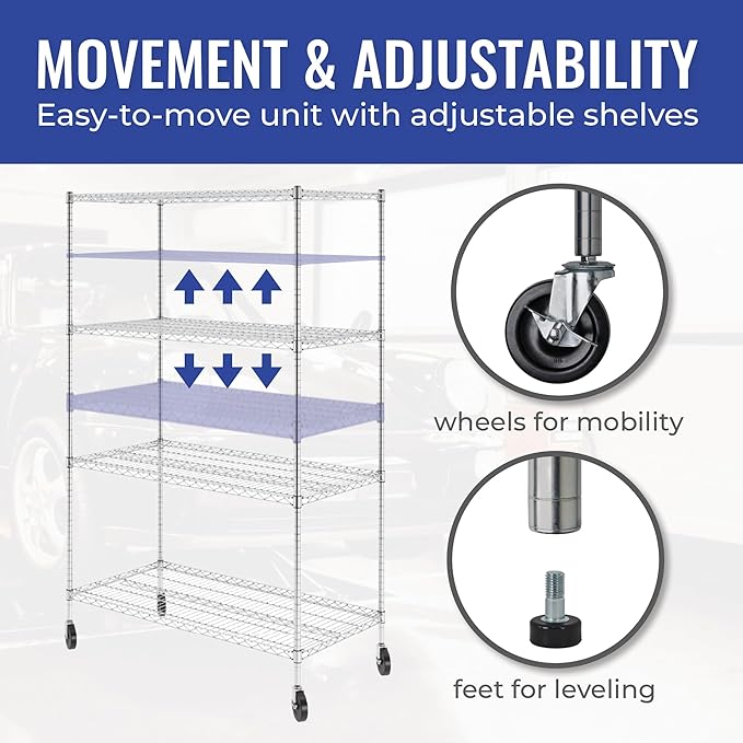 SafeRacks - NSF Certified Storage Shelves, Zinc, Heavy Duty Steel Wire Unit with Wheels and Adjustable Feet, Garage or Bakers Rack, Kitchen, Pantry Shelf - (24"x48"x72" 4-Tier) (Silver)