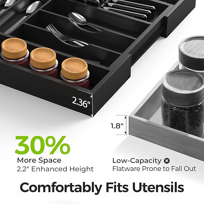 Thalomely Bamboo Kitchen Drawer Organizer, Expandable Silverware Organizer with Removable Knife Block, 6-8 Slots- Utensil Holder & Cutlery Tray Drawer Dividers, 2.36" Deep for Extra Capacity, Black
