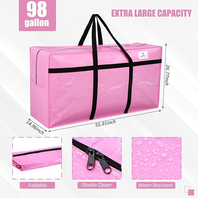 Windyun 4 Pack 98 Gallon Extra Large Moving Bags XXL Heavy Duty Storage Bag with Strong Zipper Handle Jumbo Big Tote Box Foldable for College Dorm Travel Clothes Duffle Blanket Pillow(Pink)
