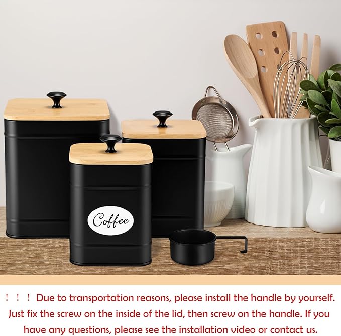 Tioncy Kitchen Canisters for Countertop Set of 3 Metal Canisters Sets with Bamboo Lids Spoon Airtight High Capacity Coffee Tea Sugar Flour Jars with DIY Labels Farmhouse Food Storage(Black,XL,L,M)