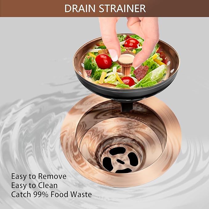 Kitchen Sink Drain Copper 3-1/2 Inch Stainless Steel Kitchen Drain Strainer Assembly Kit with Strainer Basket and Drain Stopper for Standard Sink Drains Antique Copper