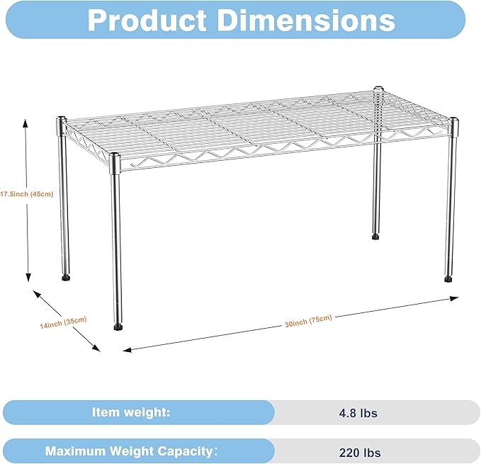 1-Tier Wire Shelf Rack,30" Wx14 Dx17 H,Single Metal Shelves Rack,Height Adjustable Metal Wire Shelving Unit and Storage KOR Kitchen,Cabinet,Countertop,Under-Sink,Closet,Pantry,Studio