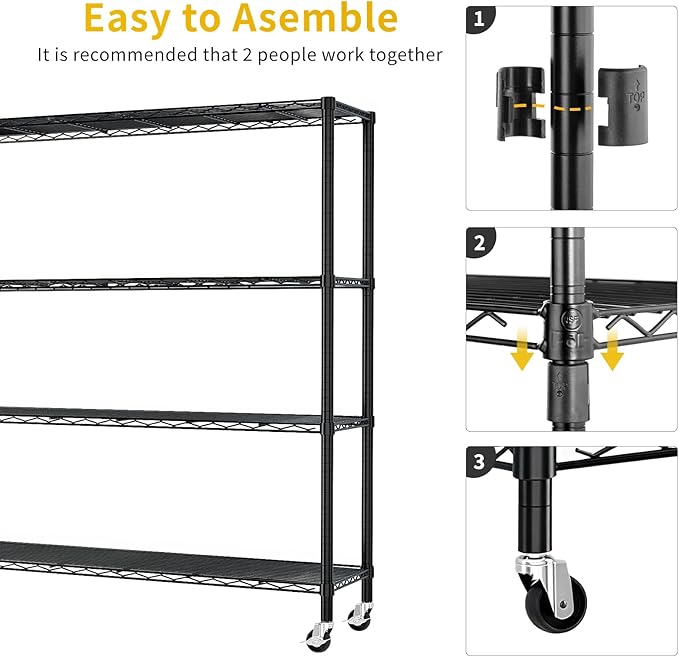 Karl home 4-Tier Metal Storage Shelves, Adjustable Wire Shelving Unit with Wheels & Leveling Feet, Heavy Duty Garage Shelving, Pantry & Kitchen Display Shelf Organizer, Home Storage Rack