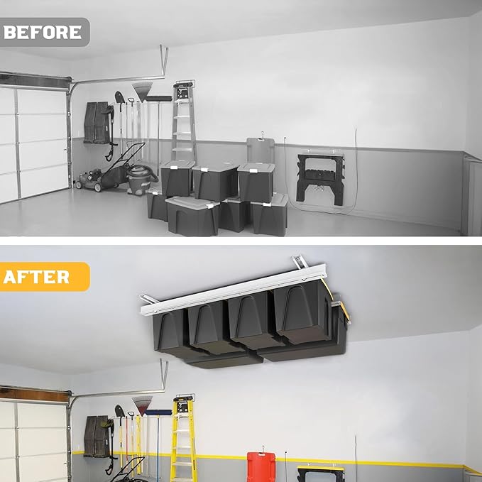 WALMANN Overhead Tote Storage Rail System, Garage Ceiling Bin Storage Rack Heavy Duty Adjustable Tote Slide Rails(White, Bins not Included)