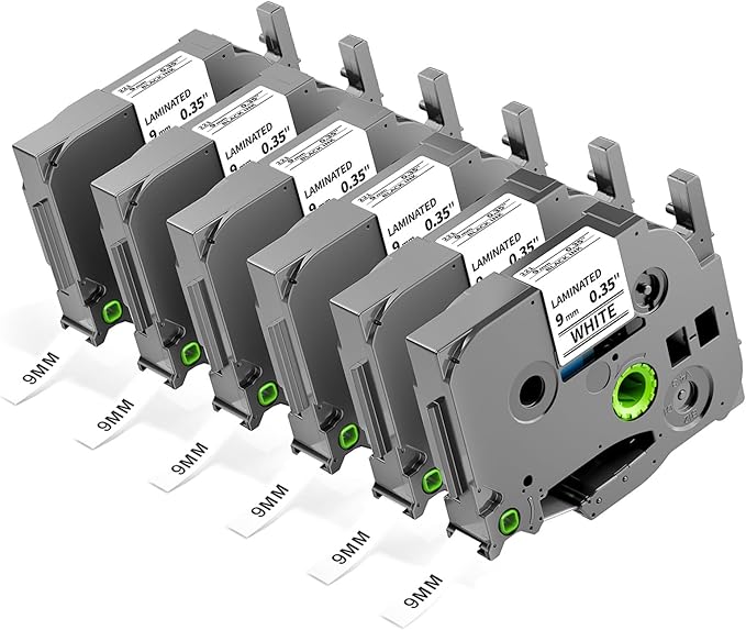 TZe-221 9mm 0.35 Laminated White Tape Replace for Brother P-Touch Label Tape 9 mm TZe Tz Black on White TZe221 AZe-221 for PT-D210 D200 1190 1750 Label Maker Refills 3/8 Inch, 6-Pack