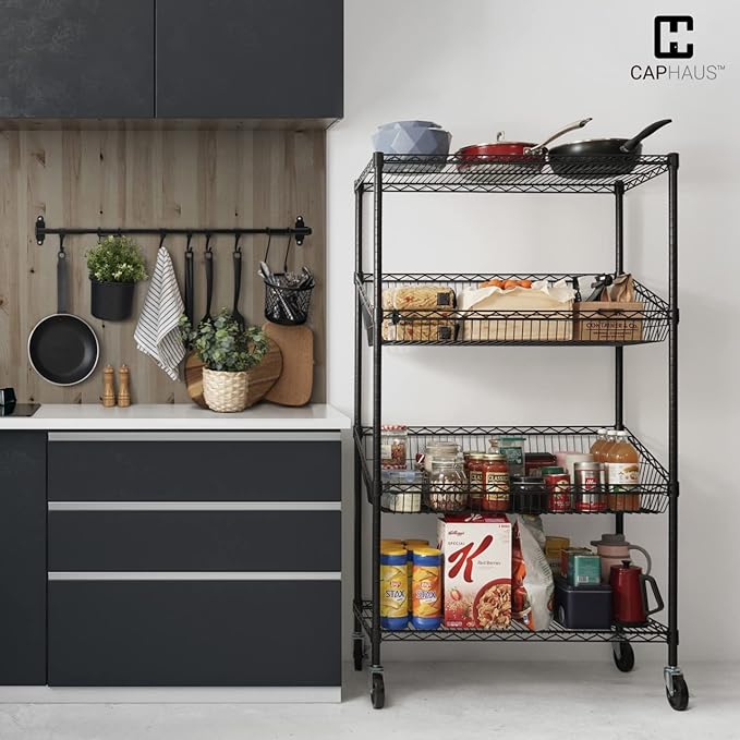 CAPHAUS NSF Commercial Heavy Duty 4 Tier Wire Shelving with Two Trapezoid Baskets, Wheels, Leveling Feet, Black Storage Shelf for Basement Garage and Utility Storage