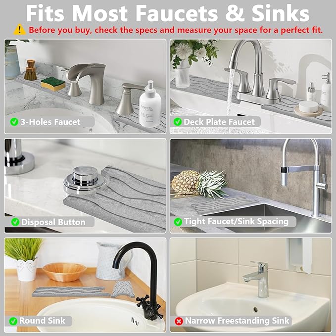 Stone Faucet Mat for Kitchen Sink - Drying Stone with Non-slip Pads, Sink Water Splash Guard for Bathroom Counter, Sink Caddy Holds Soap & Tools, 23.6 × 3.9in, Light Gray, Wavy Motifs