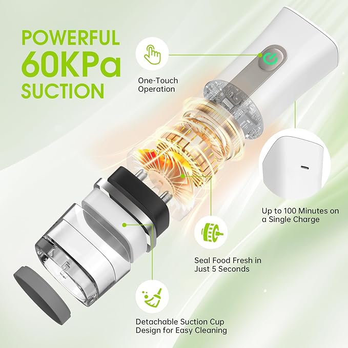 Compact Vacuum Sealer for Food with 30 Reusable Bags, Powerful Handheld Vacuum Sealer Machine for Home Kitchen and Travel, Keeps Fresh 6X Longer, Portable & Wireless