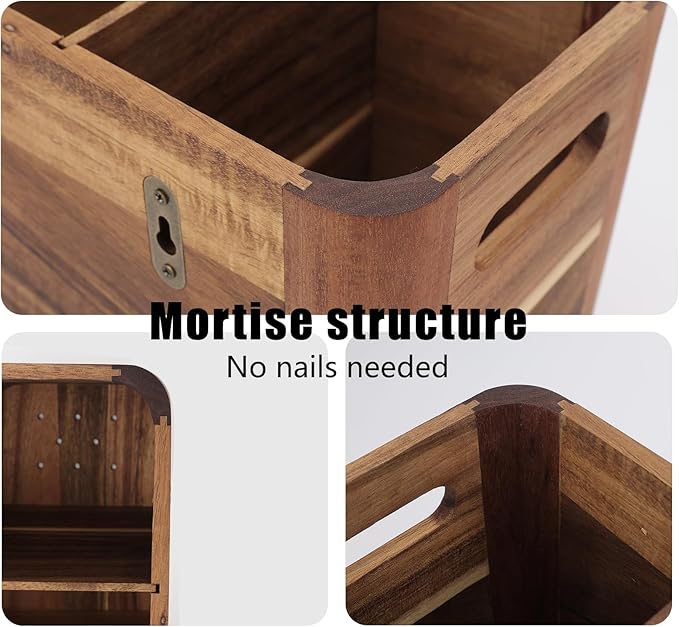 RMCOKGX Utensil Holder for Kitchen Countertop - Extra Large 4 Compartment Wooden Organizer in Acacia Wood, Storage for Cooking Tools and Cutlery, Farmhouse Style for Home Cooking