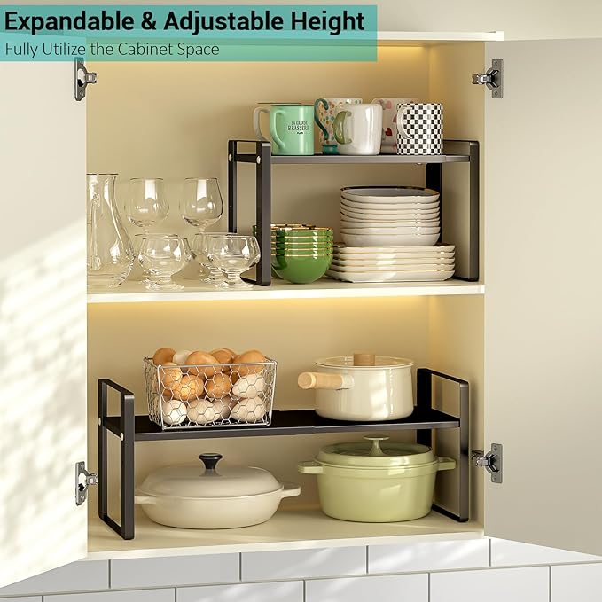 Astrorhine 2 Pack Expandable Cabinet Organizer Shelves, 88lbs High Weight Capacity, Stackable Heavy-Duty Metal Storage Rack, Adjustable Cabinet Shelf for Kitchen, Pantry, Cupboard, Under Sink, Black