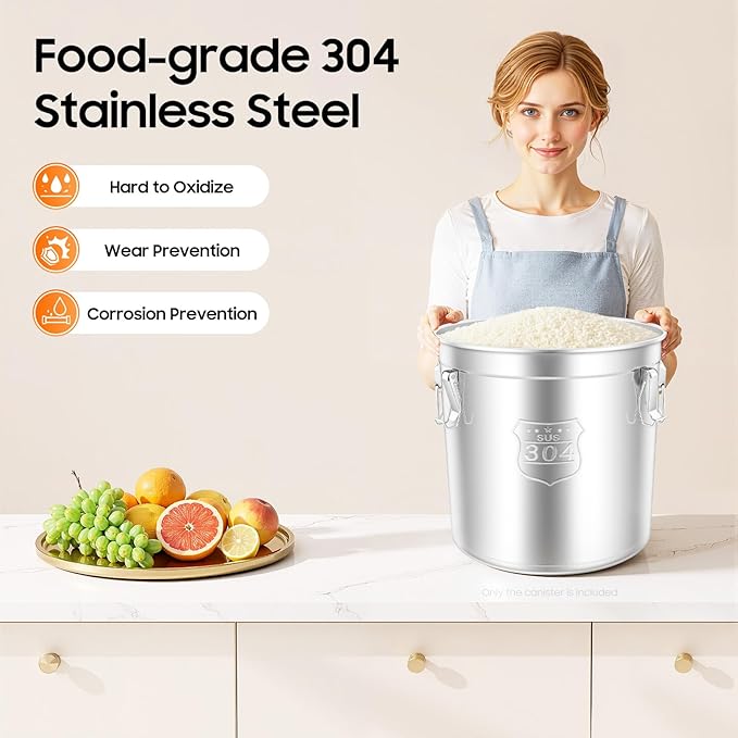 Stainless Steel Airtight Canister for Kitchen, 48L/12.68Gal Metal Food Storage Container Flour Bucket with Lid & Clamps, Bean Rice Canister Holder for Kitchen Restaurant, D15.8*H15.8in