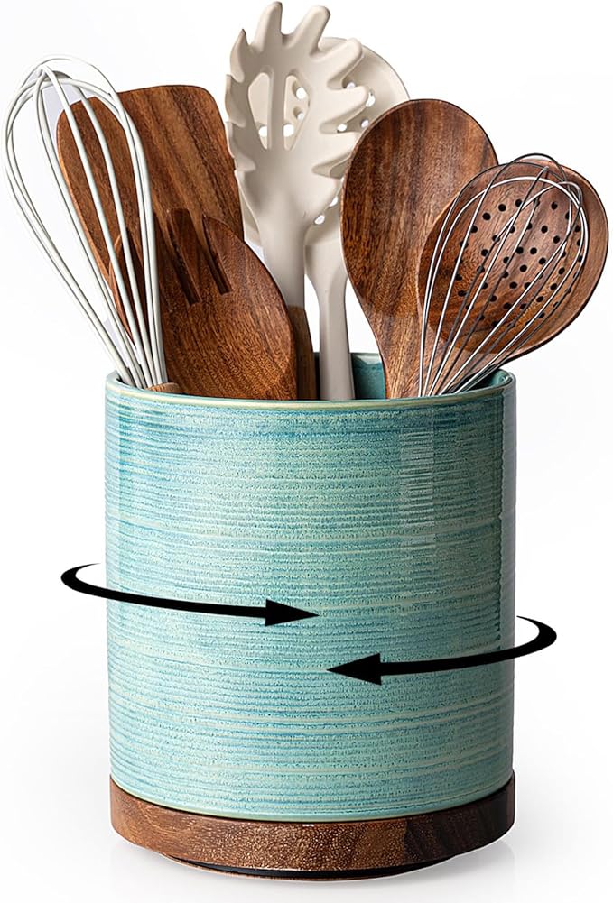 MIKIGEY Utensil Holder, 360° Rotating Extra Large Ceramic Kitchen Utensil Holder for Countertop, Cooking Utensil Crocks for Counter with Rotatable Wooden Base, Farmhouse Kitchen Decor, Green