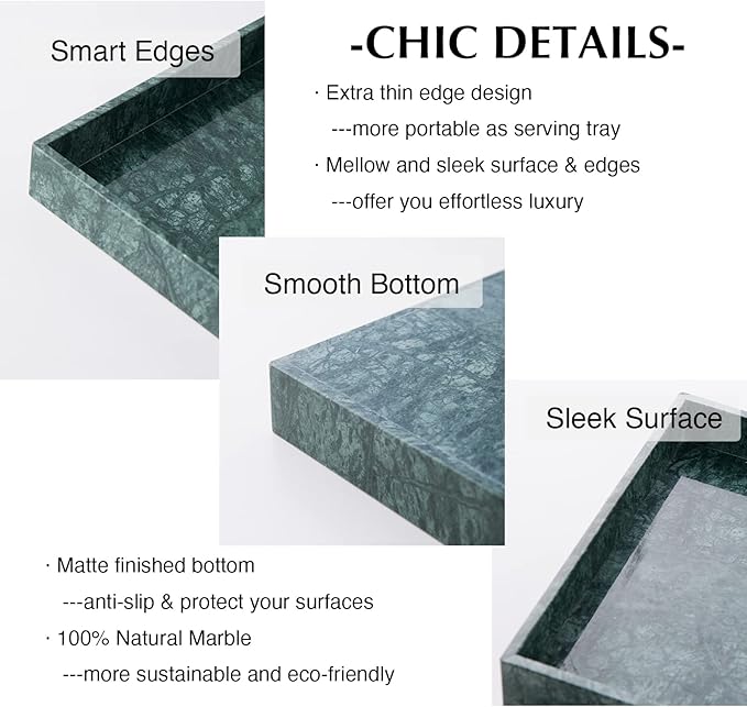 PHINILUX 𝐑𝐞𝐚𝐥 𝐋𝐮𝐱𝐮𝐫𝐢𝐨𝐮𝐬 Marble Vanity Tray (12x7in), Counter Organizer for Bathroom, Kitchen, Dresser, Coffee Table, Serving & Decorative (Dark Green)