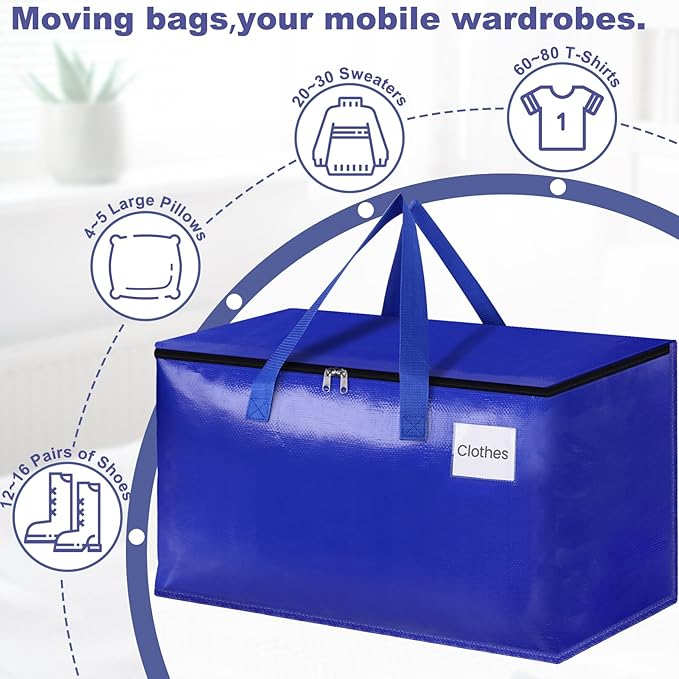StorageRight Moving Bags-Heavy Duty Moving Boxes, Storage Totes with Zipper, Reinforced Handles and Tag Pocket-Collapsible Moving Supplies for moving, Storage and Travel 93L(Blue-6 Pack)