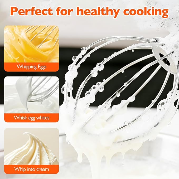 Stainless steel 6-wire mixer, kitchen aid whisk attachment, compatible with 5plus-6Quart Bowl lift Stand mixer, Food grade, suitable for mixing cream and cake, dishwasher washable