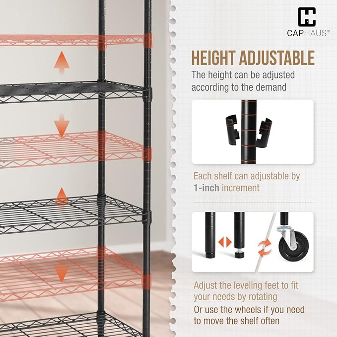 CAPHAUS NSF Commercial Heavy Duty 4 Tier Wire Shelving w/Two Rectangle Baskets, Wheels, Leveling Feet, Storage Metal Shelf, Basement Garage Shelving, Utility Wire Rack Storage Black