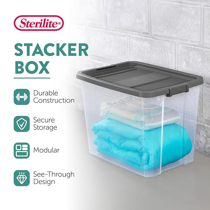Sterilite 16-Pack Modular Stacker Box, Durable Clear Plastic Storage Bins with Latching Lids, 108 Quart - Stackable Organizing Container Boxes for Closet, Bathroom, and Office