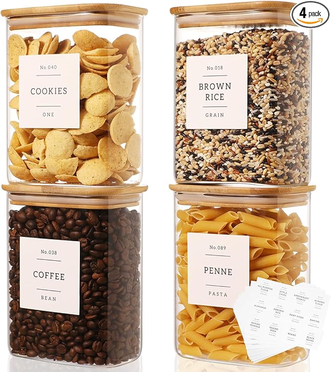 4 Pack Square Glass Pantry Storage Containers with 132 Kitchen Food Pantry Labels - 34 floz Clear Glass Pantry Jars with Airtight Wood Bamboo Lids - Glass Canisters for Tea, Cereal, Coffee, Spice