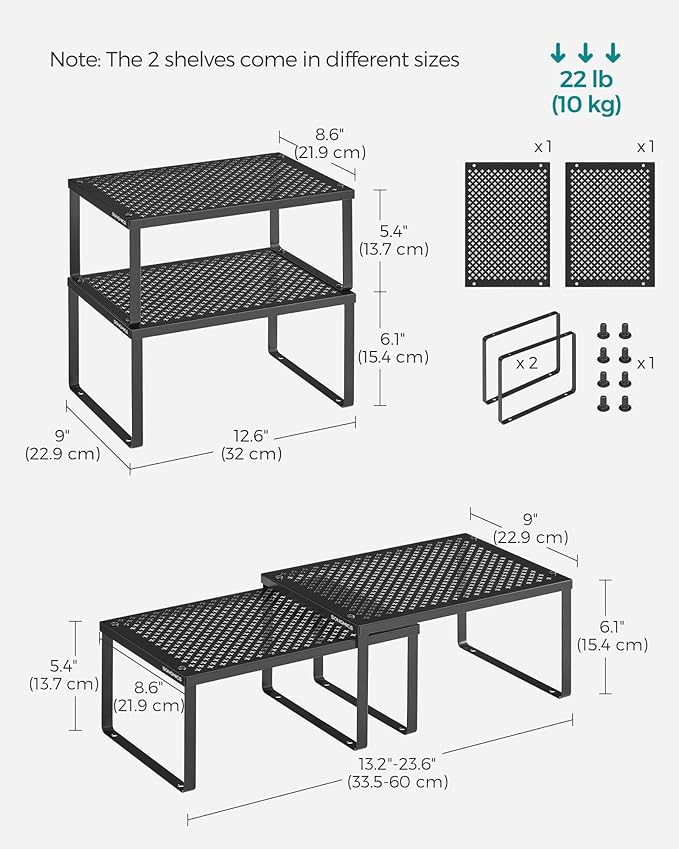 SONGMICS Spice Racks, Set of 4 Metal Cabinet Shelf Organizers, Countertop Organizers, Shelf Risers, Stackable, Expandable, Ink Black UKCS006B01