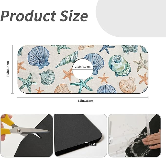 Kitchen Sink Splash Guard，Watercolor seashell and starfish Faucet Mat Sink Gadgets-Super Absorbent Fast Drying Mat Drip Catcher for Kitchen, Bathroom,Sink Mat, Dish Drying Mat, Bathroom(15" X 5.5" )